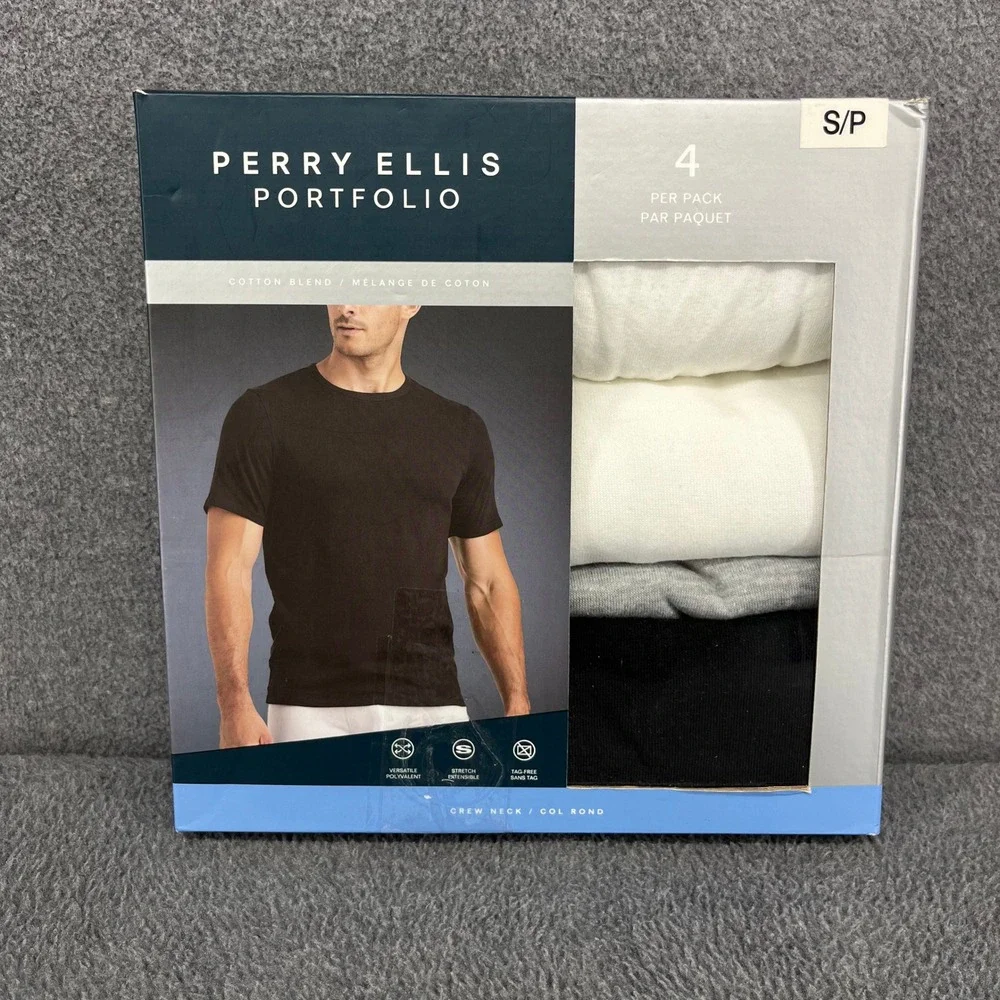 Perry Ellis Portfolio Crew Neck T-Shirts Mens Small Undershirt 4pk Cotton Blend